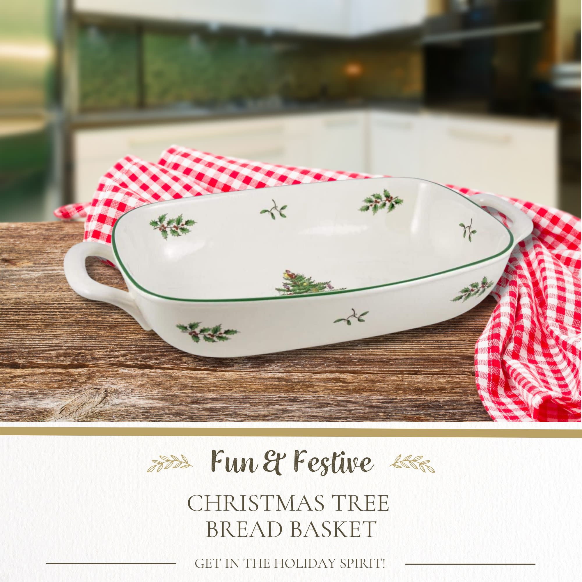 Spode Christmas Tree Oval Breadbasket, 12 Inch Handled Bowl for Fruit, Bread, Cookies - Porcelain Gift, Holiday Serveware & Oven to Table Lasagna Dish, Dishwasher Safe Tableware