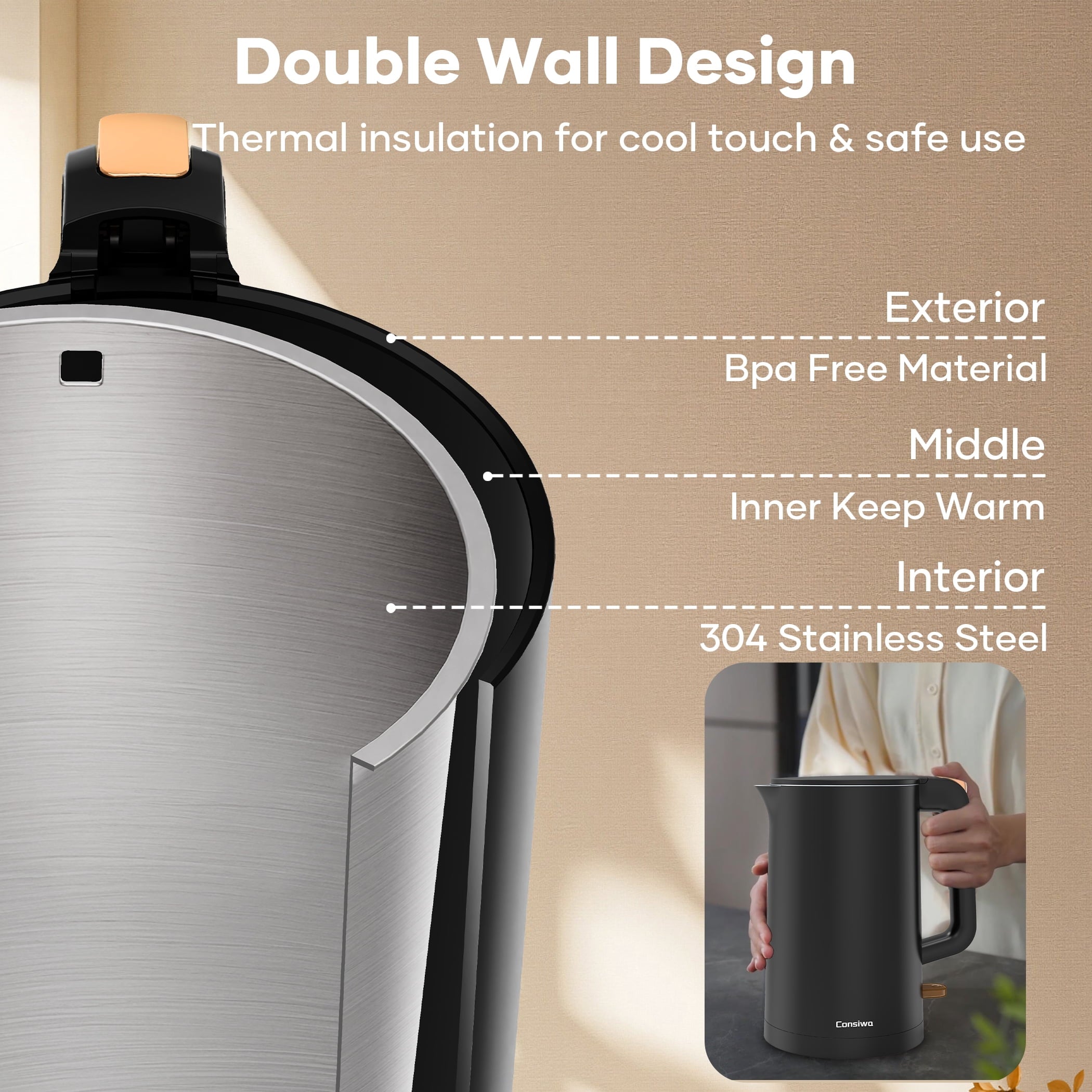 Consiwa Electric Kettle, Double Wall 1.7L Stainless Steel Cool Touch, Water Boiler & Heater, 1500W Hot Tea Pot, Black