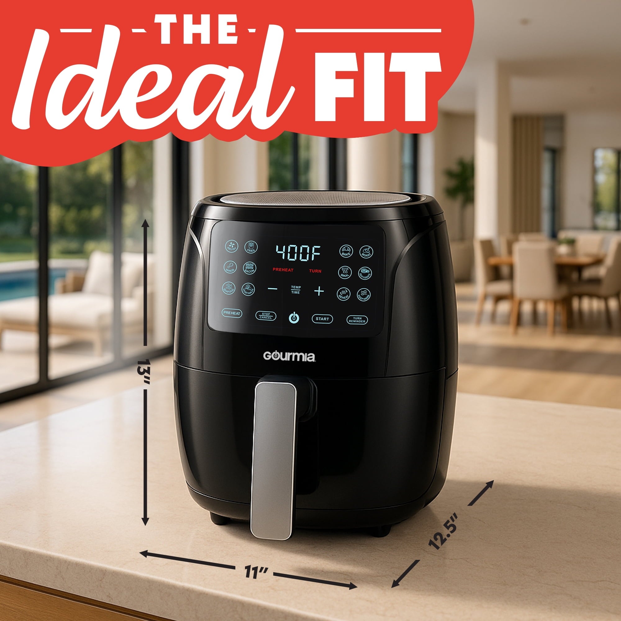 Gourmia 4 Qt Air Fryer, 12 Presets, Digital Display, FryForce 360°, Compact, Black