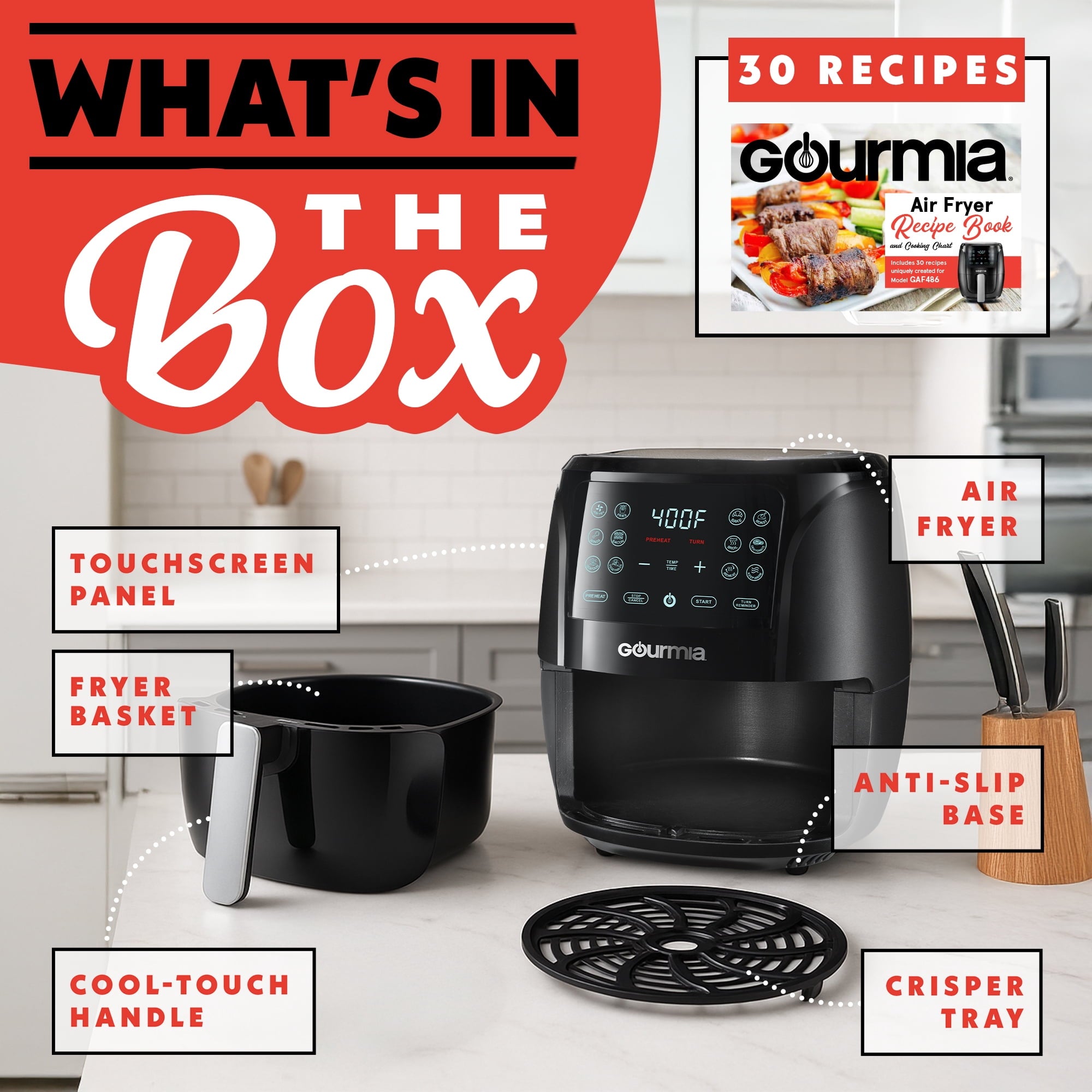 Gourmia 4 Qt Air Fryer, 12 Presets, Digital Display, FryForce 360°, Compact, Black