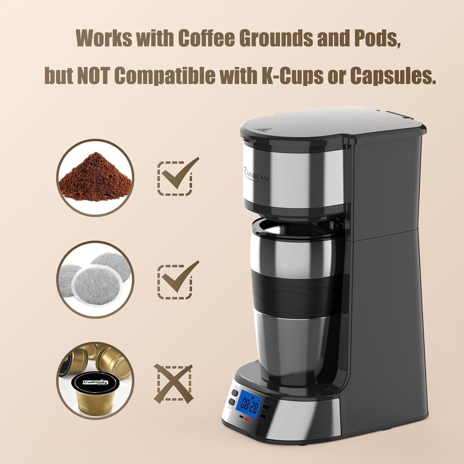 Single Serve Coffee Maker, Programable Single-Serve Brewers, Timer Auto Start/Off, 14 Oz Single Cup Coffee Machine For Ground Coffee, 700W Quick Brewing, Perfect Gifts for Coffee Lovers