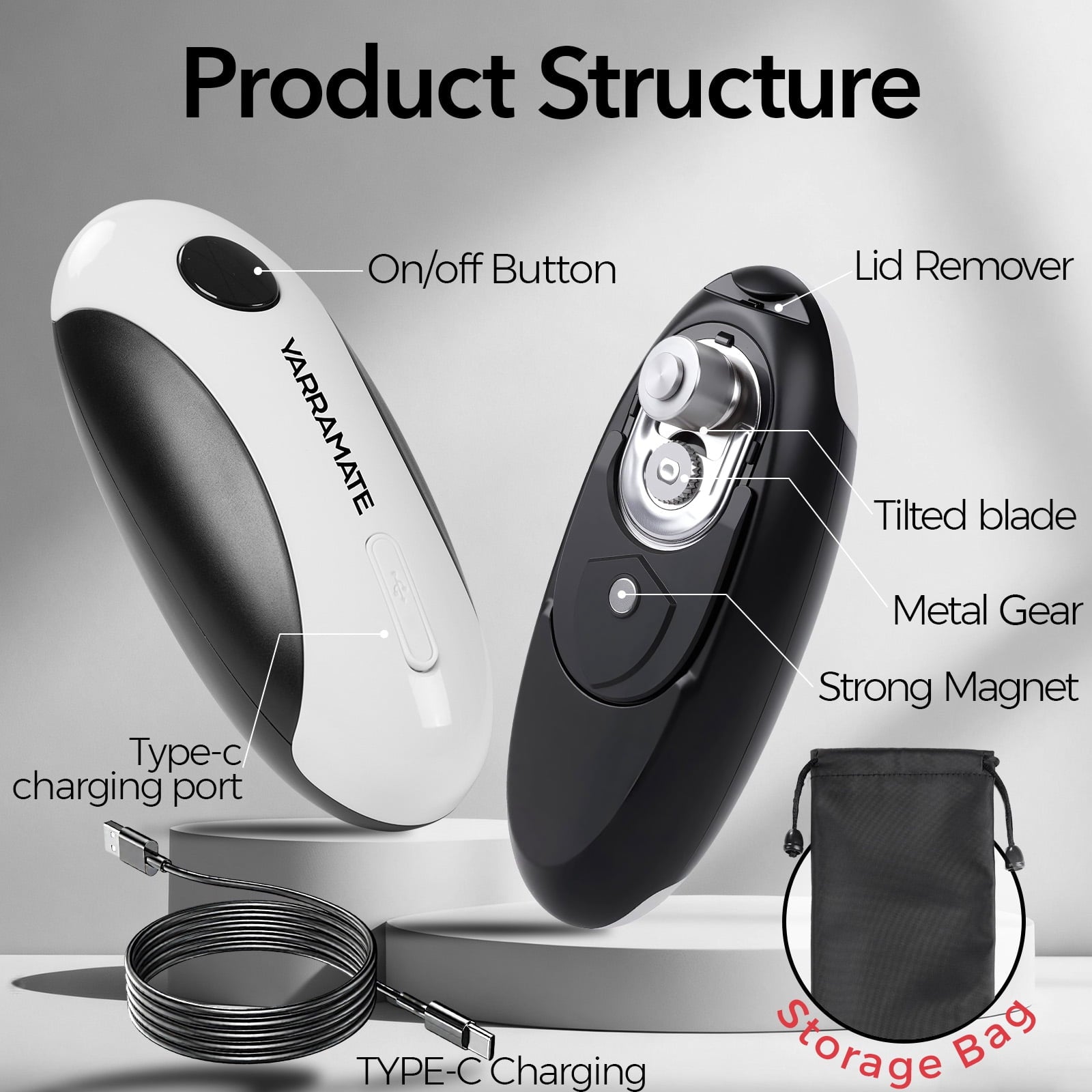 YARRAMATE Electric Can Opener, One-Touch Rechargeable Automatic Can Opener Fits All Cans Sizes-Smooth Edge for Kitchen with Storage Bag Portable for Travel