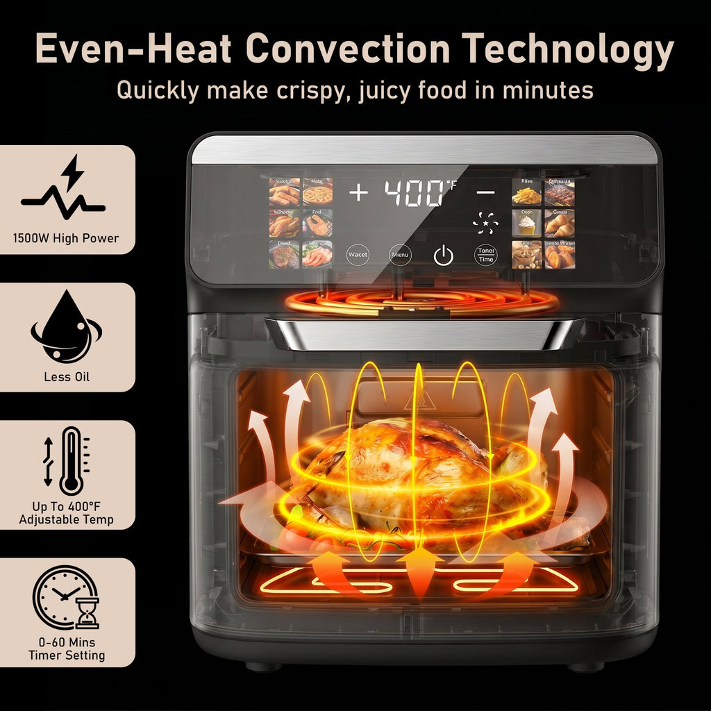 Bluebow 12QT Air Fryer Toaster Oven, 12-in-1 Multi-functional Color Touchscreen with Easy-view Windows, Less Oil Healthy Cooking for Home Kitchen Use