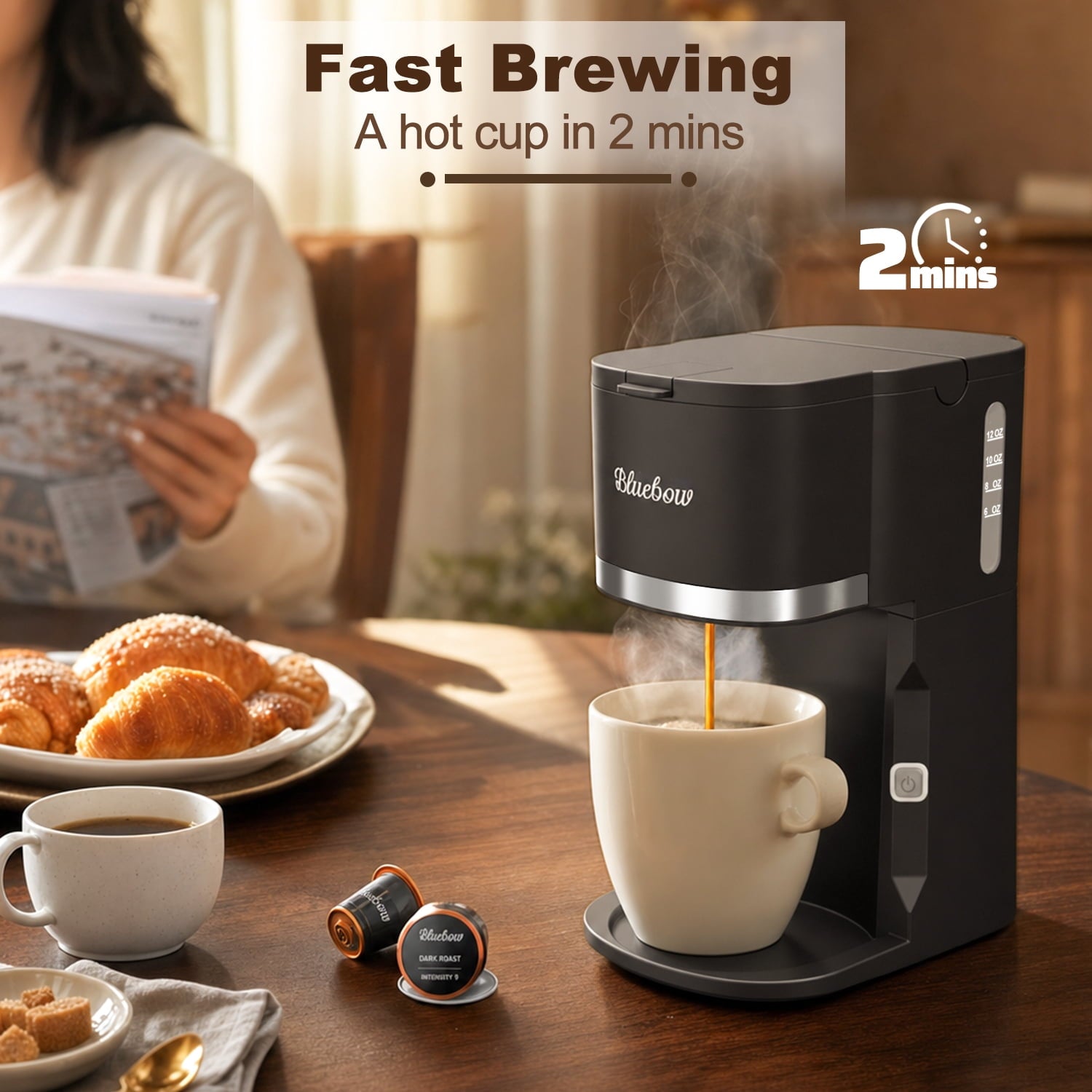 Bluebow Single Serve Coffee Maker, 6-12oz Brew Size for K Cup Pod & Ground Coffee& Tea, Fast Brew One Cup Small Coffee Machine  for Home and Travel, Black