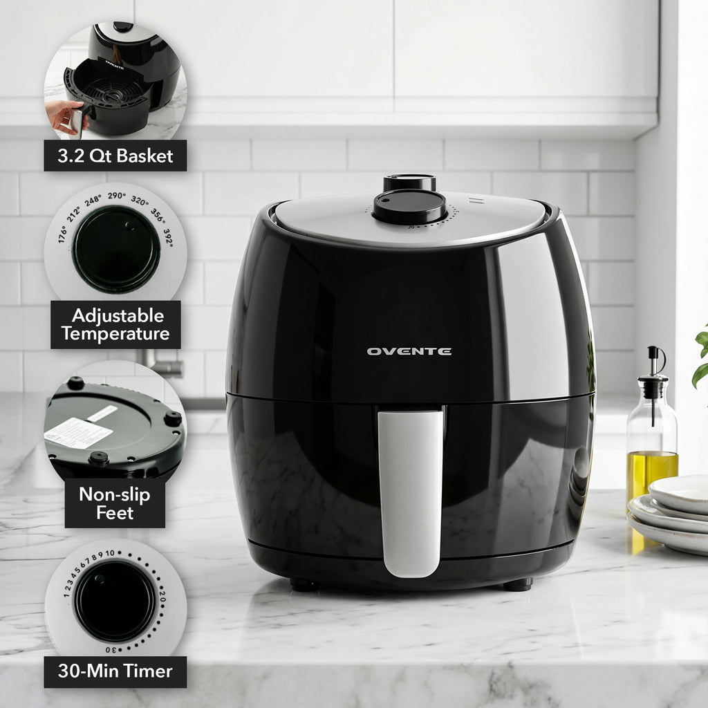 OVENTE Compact Air Fryer for Healthy and Oilless Cooking, 3.2 Qt Nonstick & Dishwasher Safe Basket, 1300W Electric Cooker w/ Adjustable Temperature Control, 30Min Timer & Auto Shutoff, FAM11320B