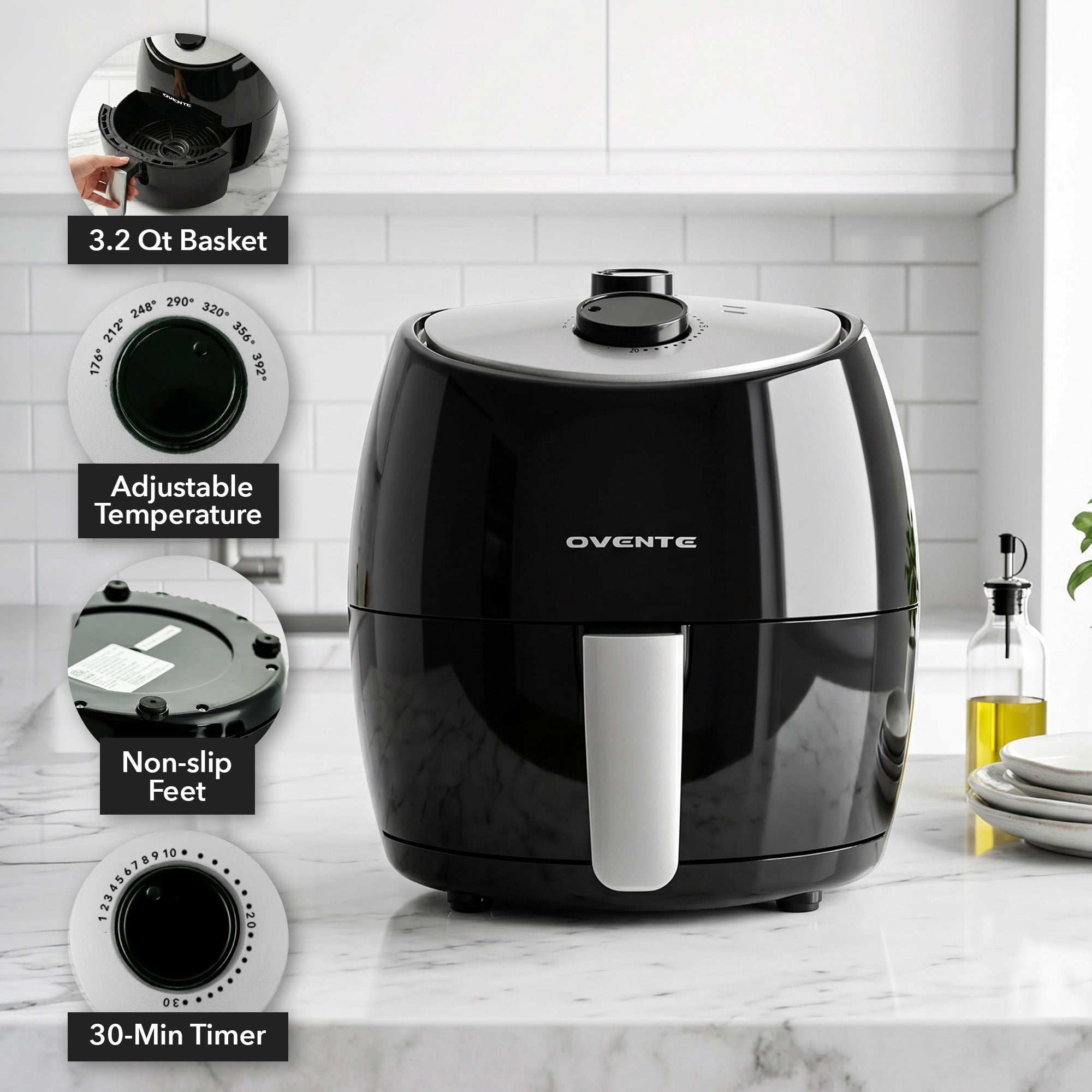 OVENTE Compact Air Fryer for Healthy and Oilless Cooking, 3.2 Qt Nonstick & Dishwasher Safe Basket, 1300W Electric Cooker w/ Adjustable Temperature Control, 30Min Timer & Auto Shutoff, FAM11320B