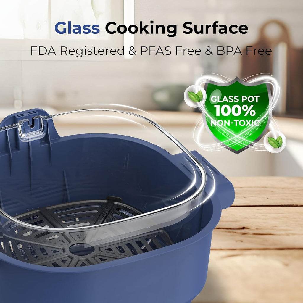 Rosewill 4-in-1 Portable Glass Air Fryer, 4.7QT Transparent Glass Cooking Pot with Storage Lid & Tongs, Compact Smart for Deep Roast, Recrisp, Keep Warm – Navy Blue