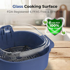 Rosewill 4-in-1 Portable Glass Air Fryer, 4.7QT Transparent Glass Cooking Pot with Storage Lid & Tongs, Compact Smart for Deep Roast, Recrisp, Keep Warm – Navy Blue