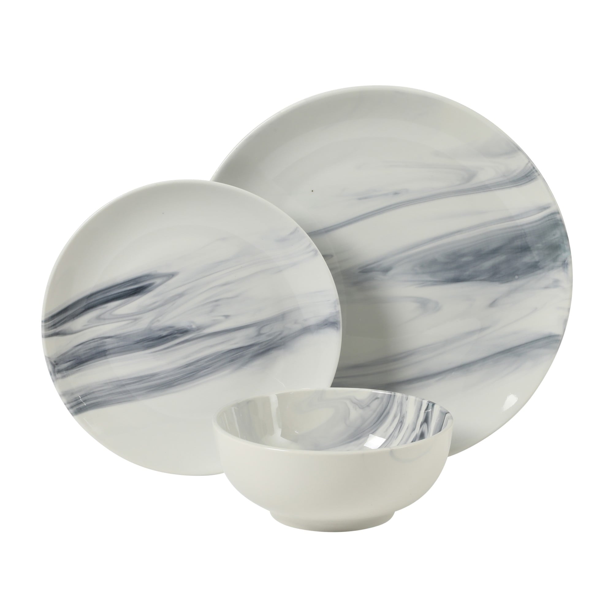 Gibson Home Cloudlight 12 Piece Plates and Bowls Dishes Brown and White - Decorated Porcelain Ceramic Dinnerware Set - Service for 4