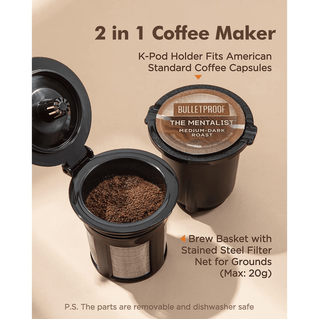 Jesslyn 2-in-1 Single Serve Coffee Maker, Compatible with K-Pods & Grounds, Fast Brew, Compact Design, 6-12oz