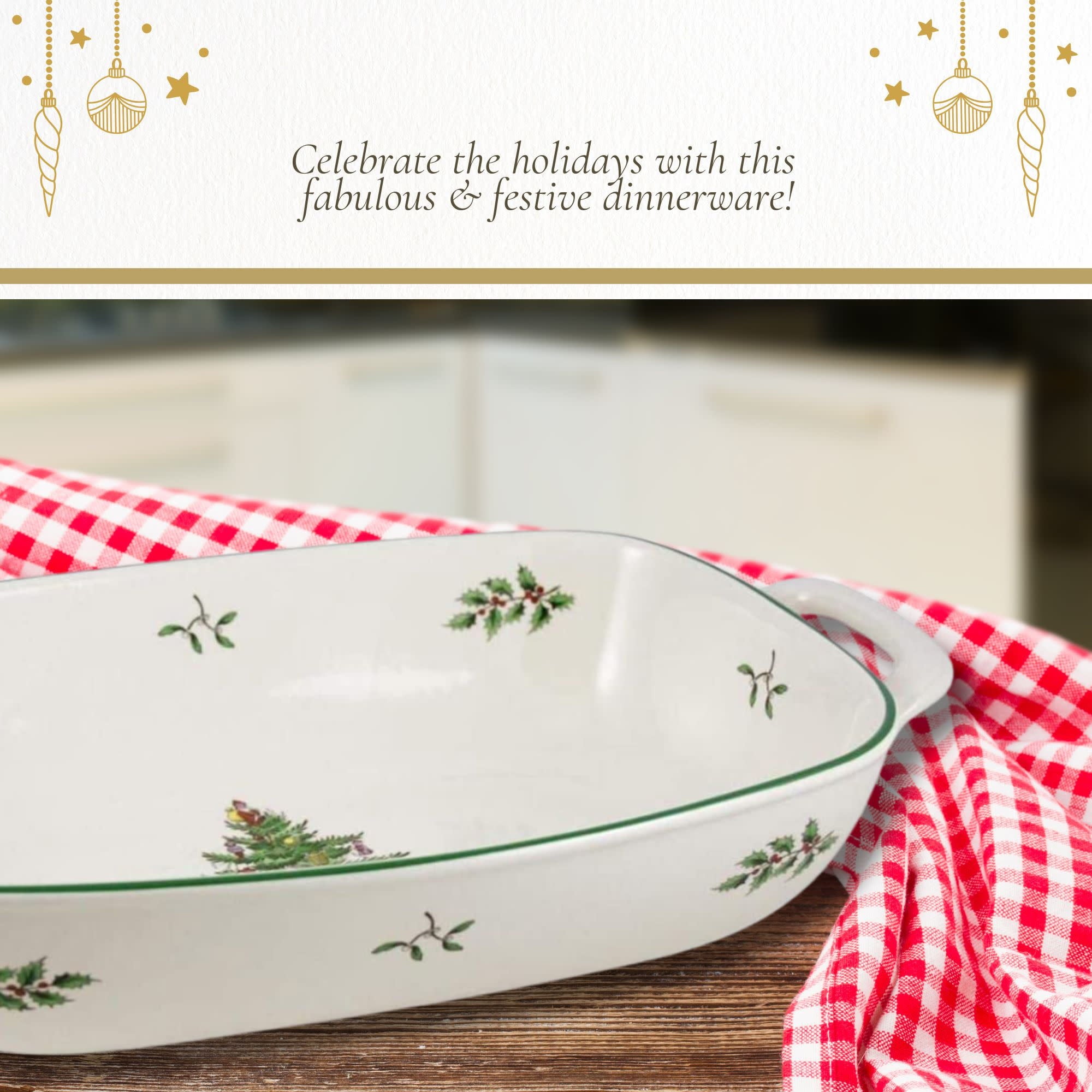 Spode Christmas Tree Oval Breadbasket, 12 Inch Handled Bowl for Fruit, Bread, Cookies - Porcelain Gift, Holiday Serveware & Oven to Table Lasagna Dish, Dishwasher Safe Tableware