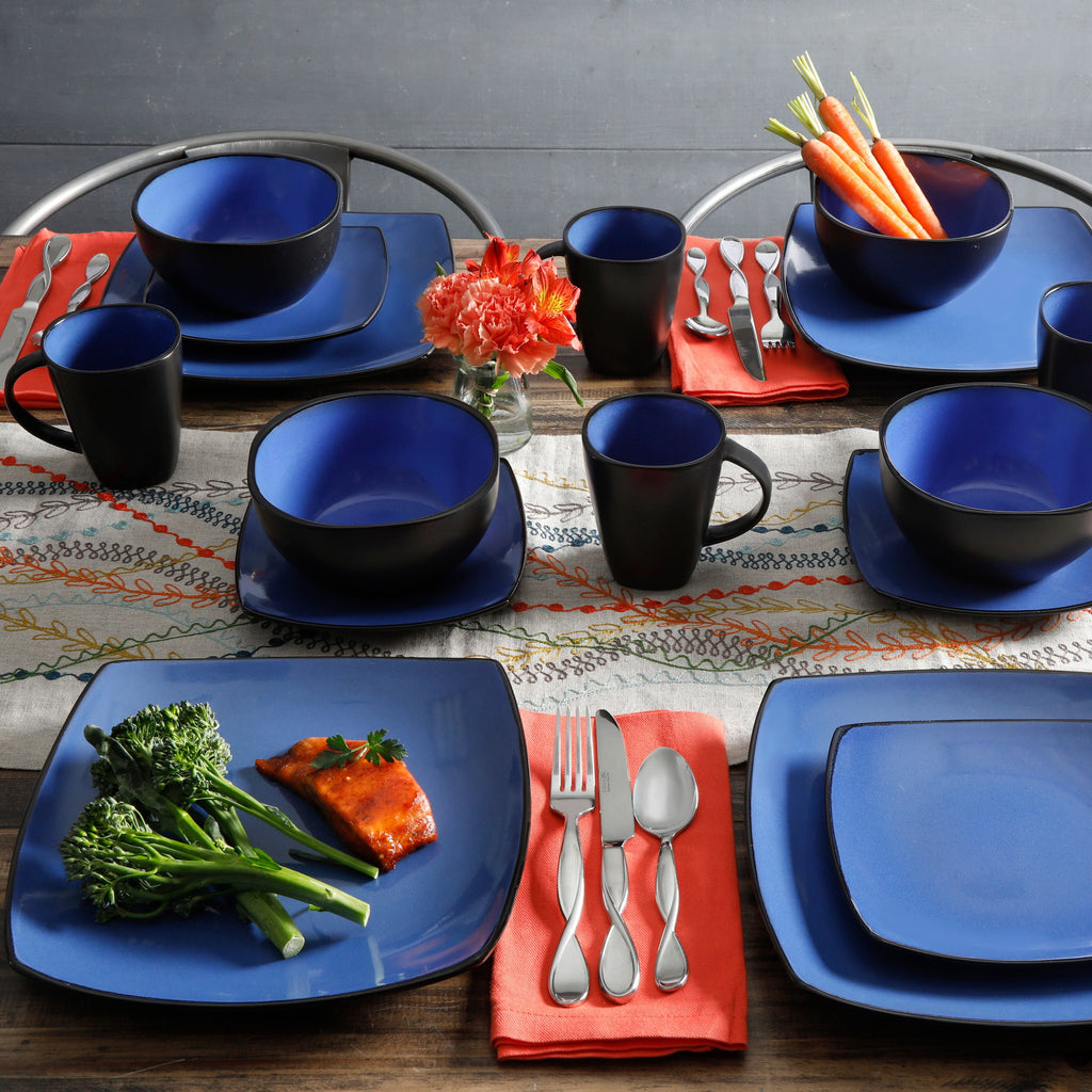 Gibson Home Soho Lounge Square Stoneware 16 Piece Dinnerware Set, Blue