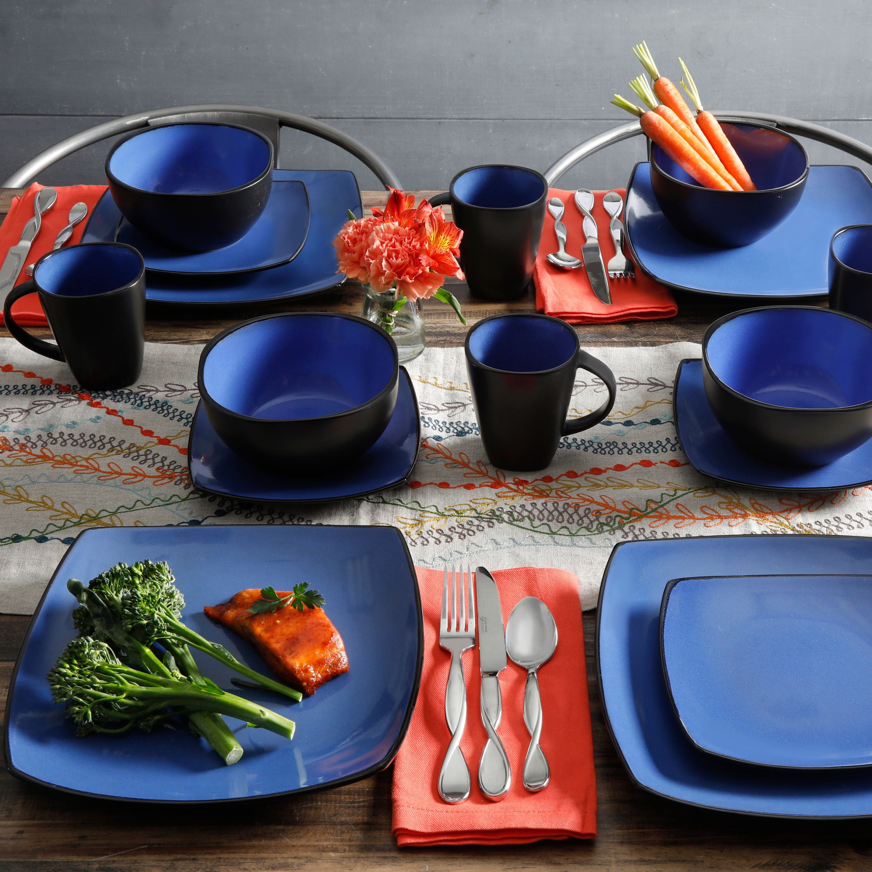 Gibson Home Soho Lounge Square Stoneware 16 Piece Dinnerware Set, Blue