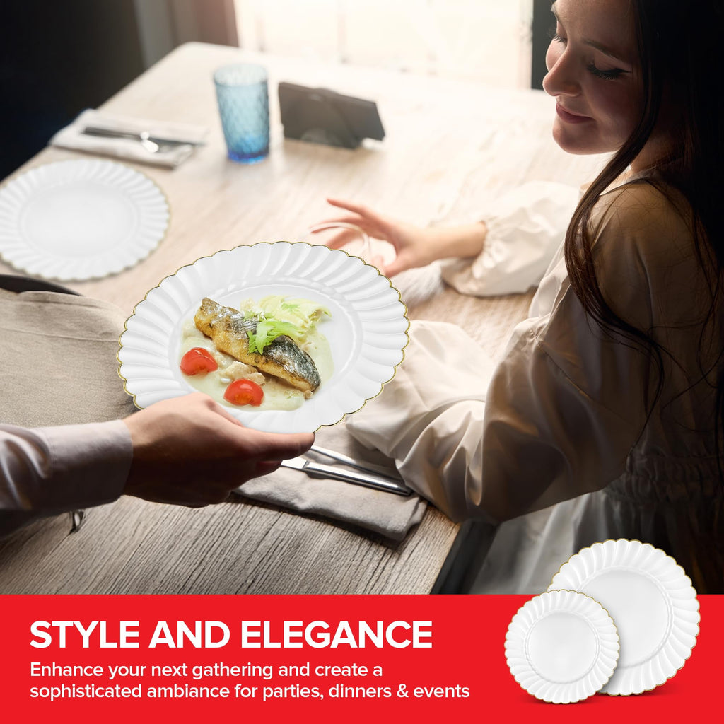 60 Pack – Elegant Ivory & Gold Scalloped Plastic Plates – Heavy-Duty Disposable Cream Plates with Gold Rim for Thanksgiving, Holidays, Dinners & Parties