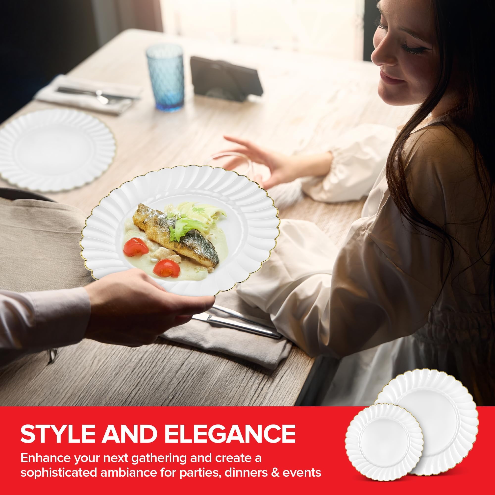 60 Pack – Elegant Ivory & Gold Scalloped Plastic Plates – Heavy-Duty Disposable Cream Plates with Gold Rim for Thanksgiving, Holidays, Dinners & Parties