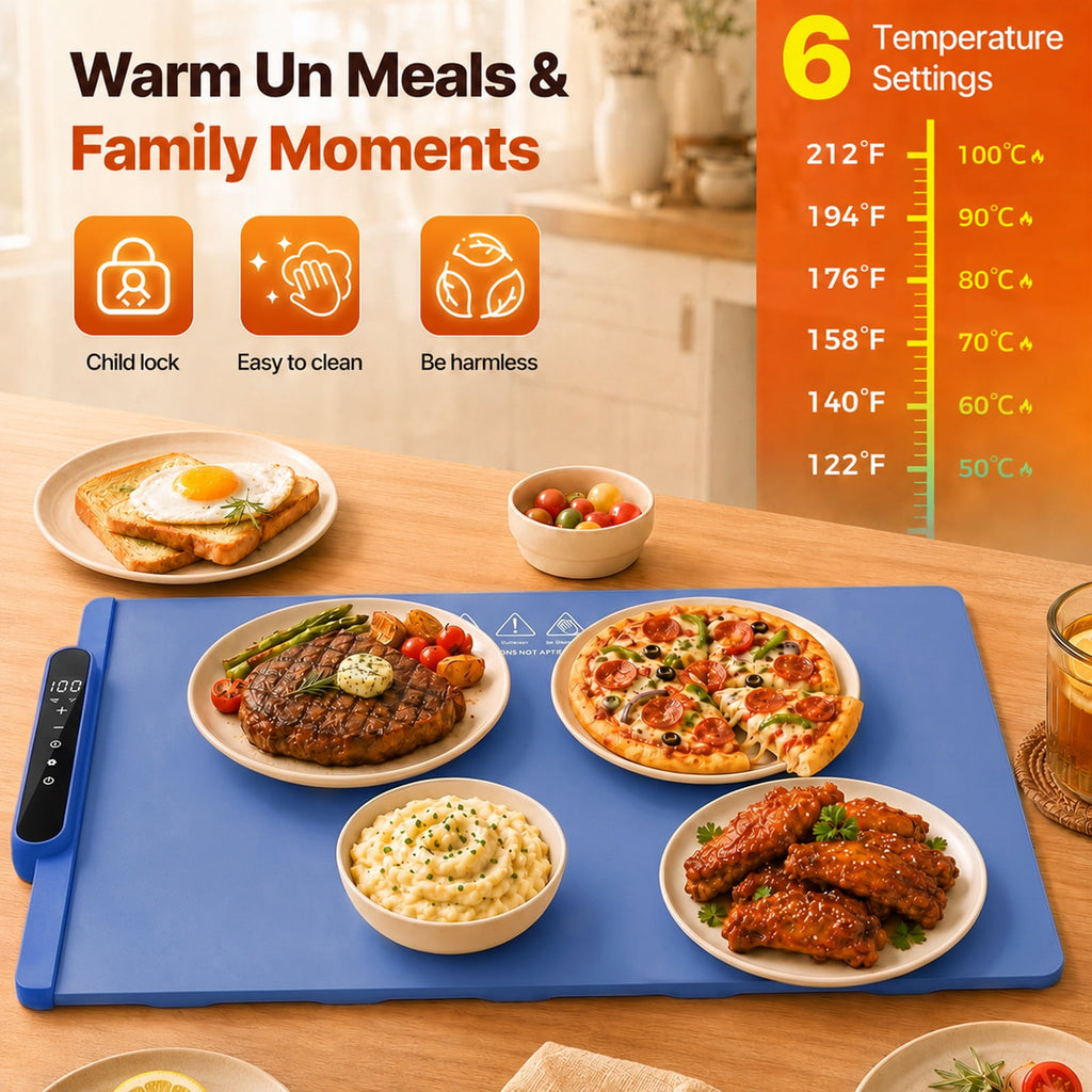 GOLDLEMON Warming Mat for Food, 24"x 16" Electric Warming Tray with 6 Temp Settings & 10H Timer, Auto Shut-Off, 300W Full Surface Heating for Buffet & Home, Blue