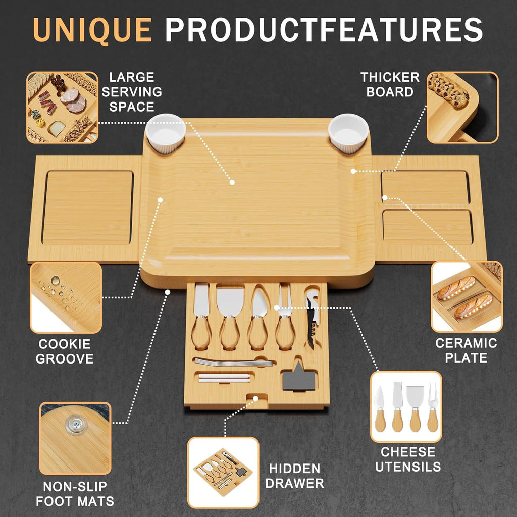 BN-LINK Charcuterie Board Set, 3 Drawers Large Bamboo Cheese Board & Platter with Accessories, House Warming Gift & Holiday Gift