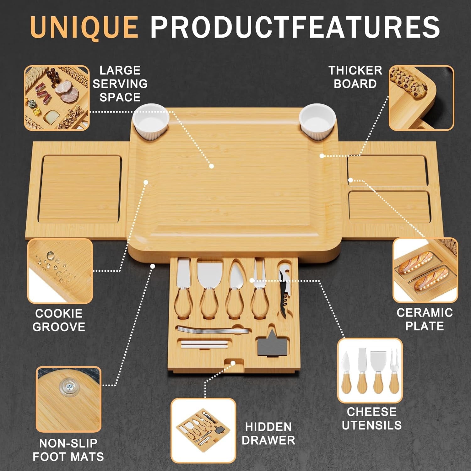BN-LINK Charcuterie Board Set, 3 Drawers Large Bamboo Cheese Board & Platter with Accessories, House Warming Gift & Holiday Gift