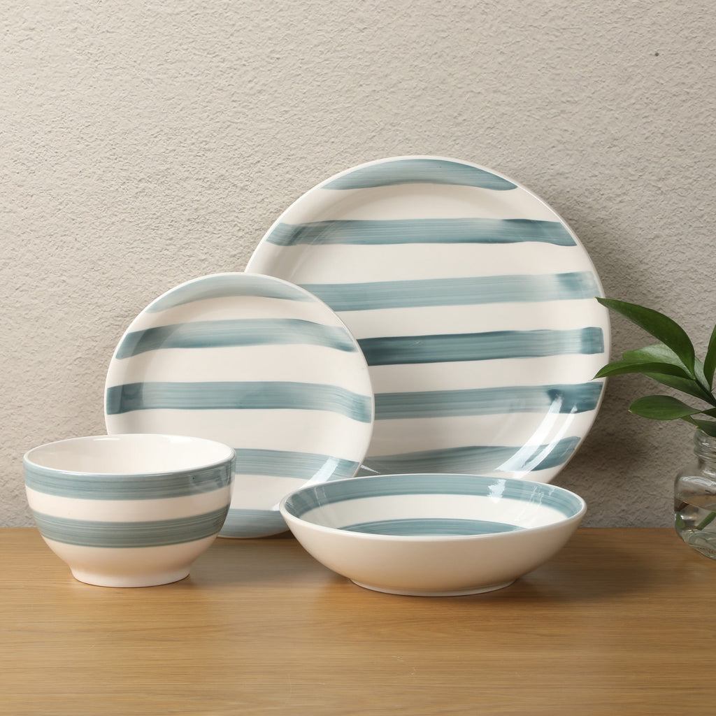 Gibson Home Kenwood Shores 16 Piece Stoneware Dinnerware Set, Hand-Painted Plates and Bowls, Service for 4 - Blue Striped