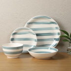 Gibson Home Kenwood Shores 16 Piece Stoneware Dinnerware Set, Hand-Painted Plates and Bowls, Service for 4 - Blue Striped