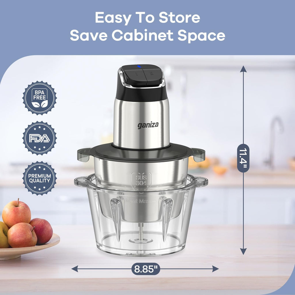 Ganiza Food Processor, 2-Speed Food Chopper Meat Grinder with 2 Bowls, Upgraded Button & Smart Overheat Protection Light - Clean Brush, 2 Blades