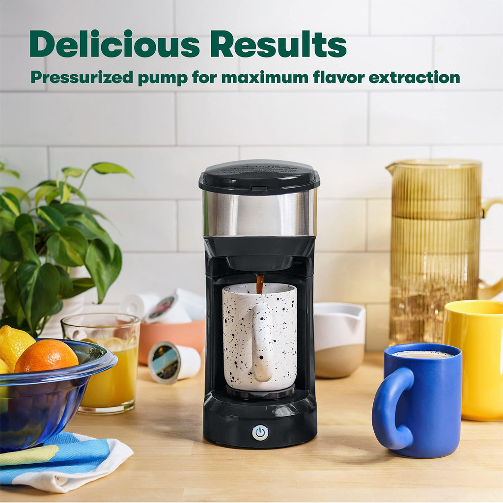 Compact Single Serve Coffee Maker - Brews and Ground Coffee, 6-14oz Reservoir, Space-Saving Design for Home or Office - Perfect for Small Kitchens