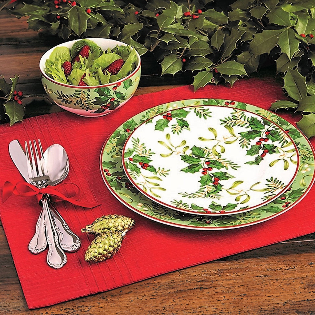 222 Fifth Christmas Foliage Porcelain Dinnerware Set, 12-Piece, Green and White