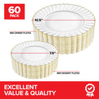 60 Pack – Elegant Ivory & Gold Scalloped Plastic Plates – Heavy-Duty Disposable Cream Plates with Gold Rim for Thanksgiving, Holidays, Dinners & Parties