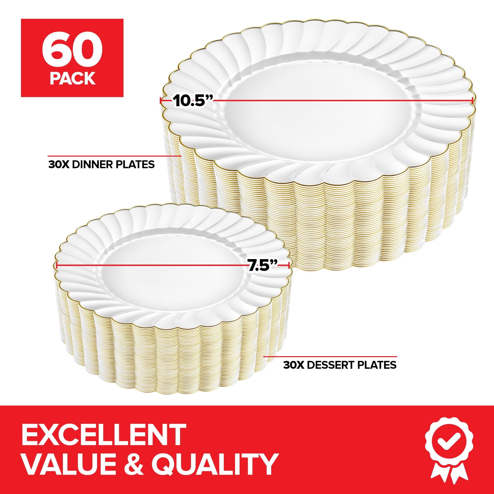 60 Pack – Elegant Ivory & Gold Scalloped Plastic Plates – Heavy-Duty Disposable Cream Plates with Gold Rim for Thanksgiving, Holidays, Dinners & Parties