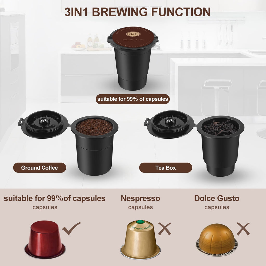 SIFENE 3-in-1 Single Serve Coffee Maker, Compatible with K Cup Capsules & Grounds, Tea Maker, 6-10 Oz Brew Sizes, 50 Oz Removable Reservoir, Fast Brew, Compact Design, 120V 1150W, Black