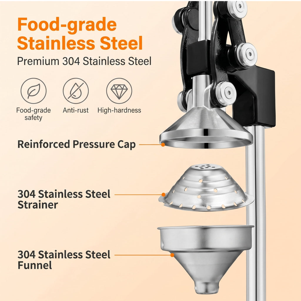 M Buder Manual Juicer, 304 Stainless Steel Hand Juicer Squeezer Easy Juicing, Fruit Squeezer Ergonomic & Easy to Clean Manual Citrus Juicer, Black