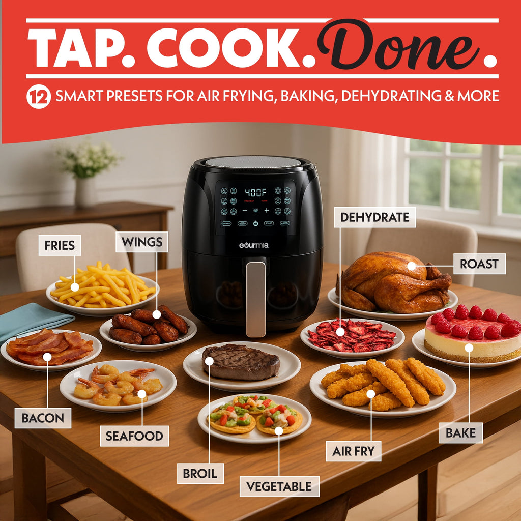 Gourmia 4 Qt Air Fryer, 12 Presets, Digital Display, FryForce 360°, Compact, Black