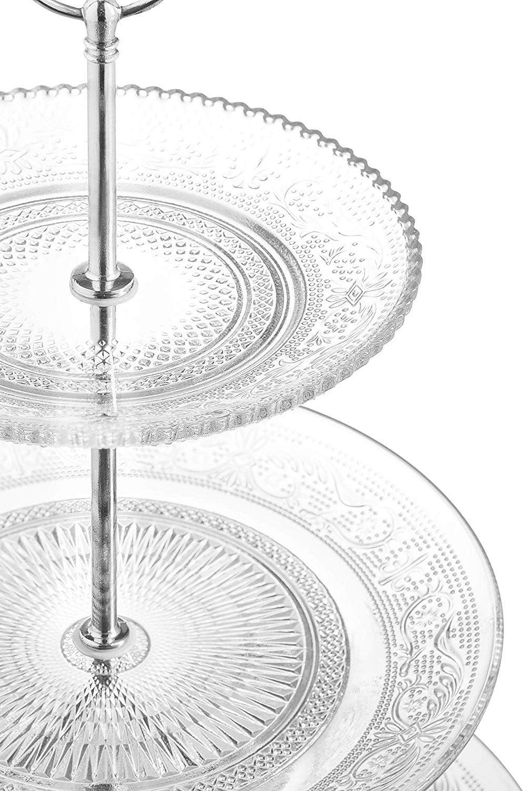 Royalty Art 3-Tiered Serving Stand (Glass) Beautiful, Elegant Dishware Serve Snacks, Appetizers, Cakes, Candies Durable, Reusable Party or Holiday Hosting (SILVER)