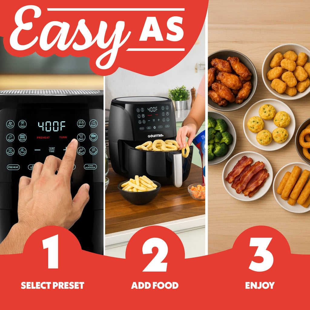 Gourmia 4 Qt Air Fryer, 12 Presets, Digital Display, FryForce 360°, Compact, Black