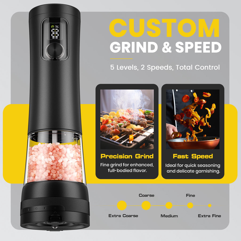 Moreblue Electric Salt and Pepper Grinder Set , Automatic Rechargeable Salt and Pepper Shaker with LED Battery Display & USB‑C Charging Base, Pepper Mill for Kitchen, Dining & Camping