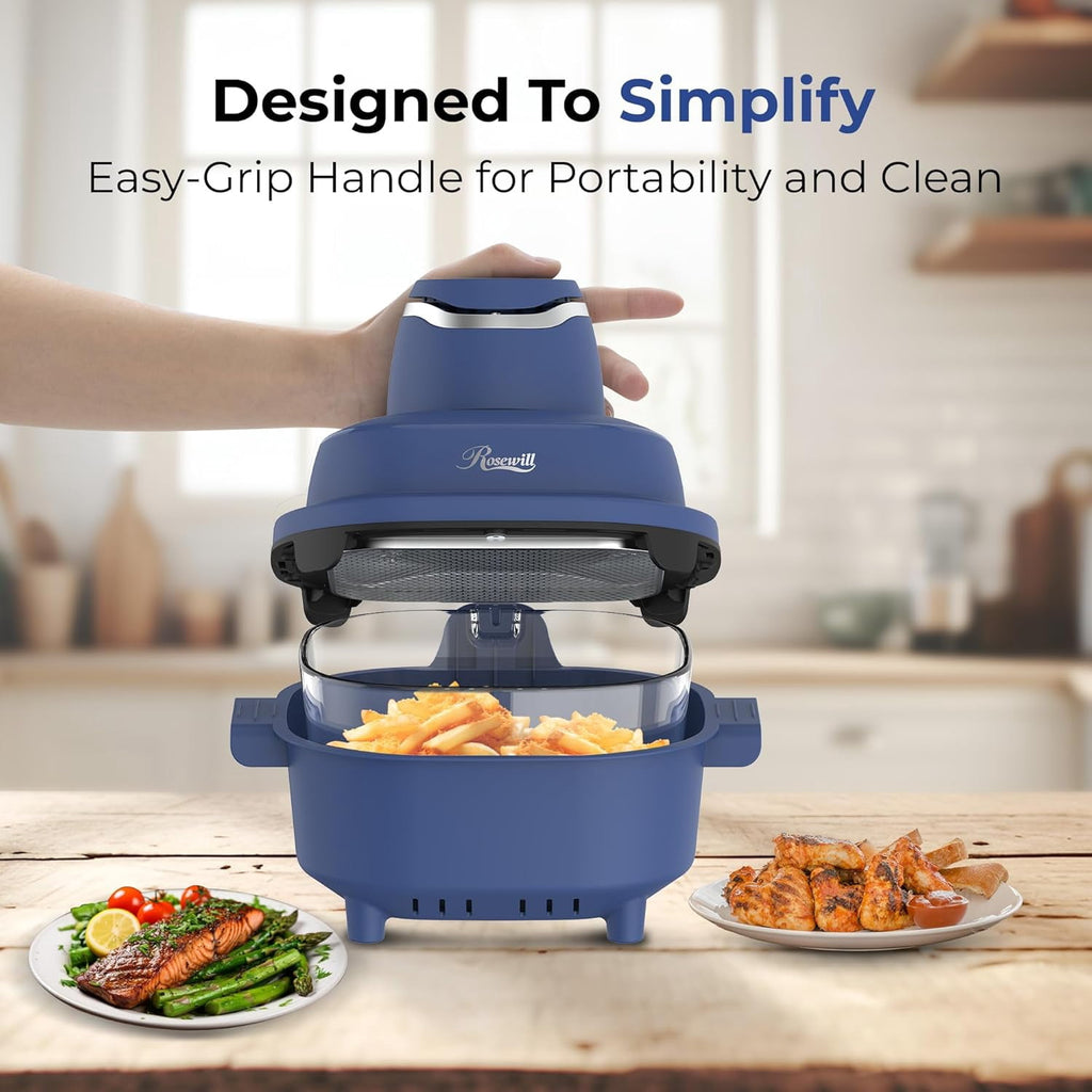 Rosewill 4-in-1 Portable Glass Air Fryer, 4.7QT Transparent Glass Cooking Pot with Storage Lid & Tongs, Compact Smart for Deep Roast, Recrisp, Keep Warm – Navy Blue