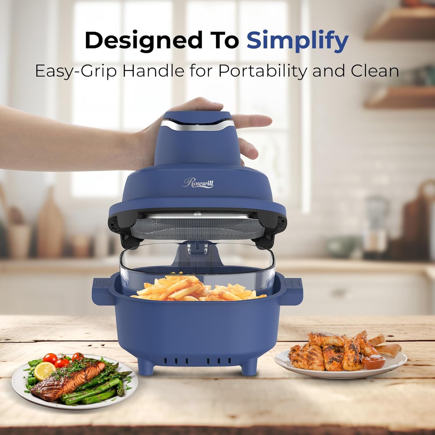 Rosewill 4-in-1 Portable Glass Air Fryer, 4.7QT Transparent Glass Cooking Pot with Storage Lid & Tongs, Compact Smart for Deep Roast, Recrisp, Keep Warm – Navy Blue
