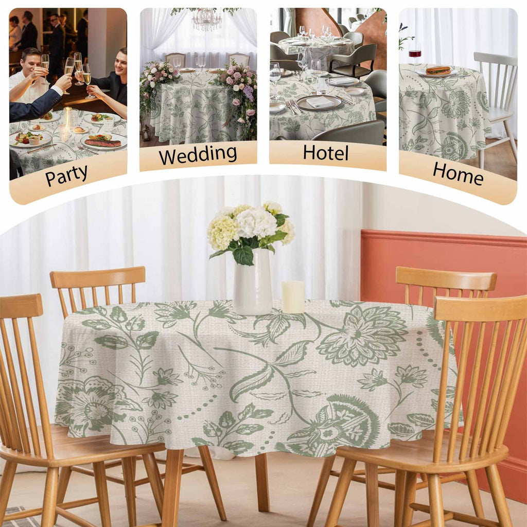 Farmhouse Sage Green Floral Round Tablecloth 54 inches Linen Boho Paisley Flower Rustic Waterproof Oil-Proof Table Cloth Round Table Cover for Holiday Party Picnic Dinner Decor Indoor and Outdoor Use