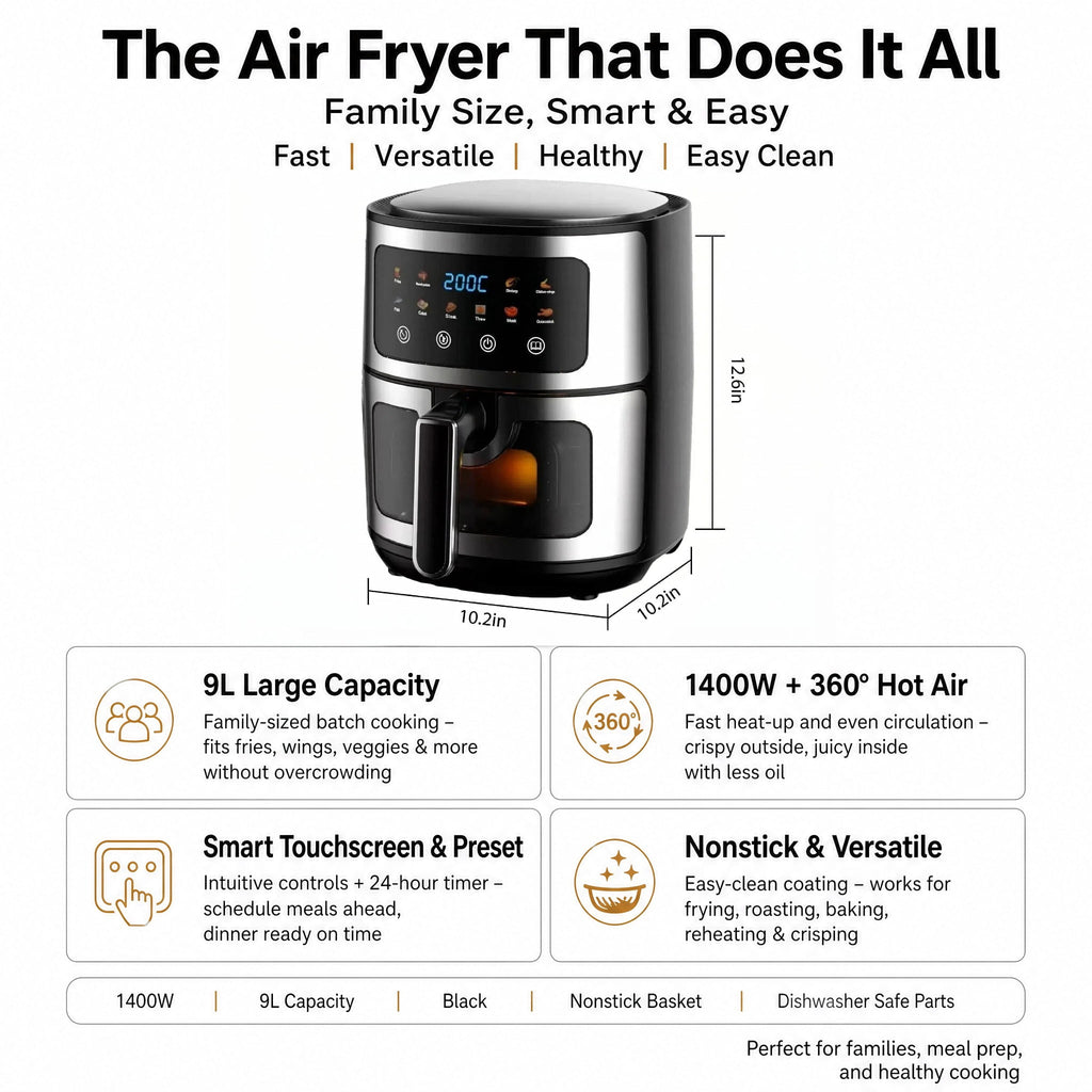 Asoricing Air Fryer, Compact Airfryer for Quick & Easy Meals in Minutes, Touchscreen Controls, Nonstick, 1500W, 9L, Black