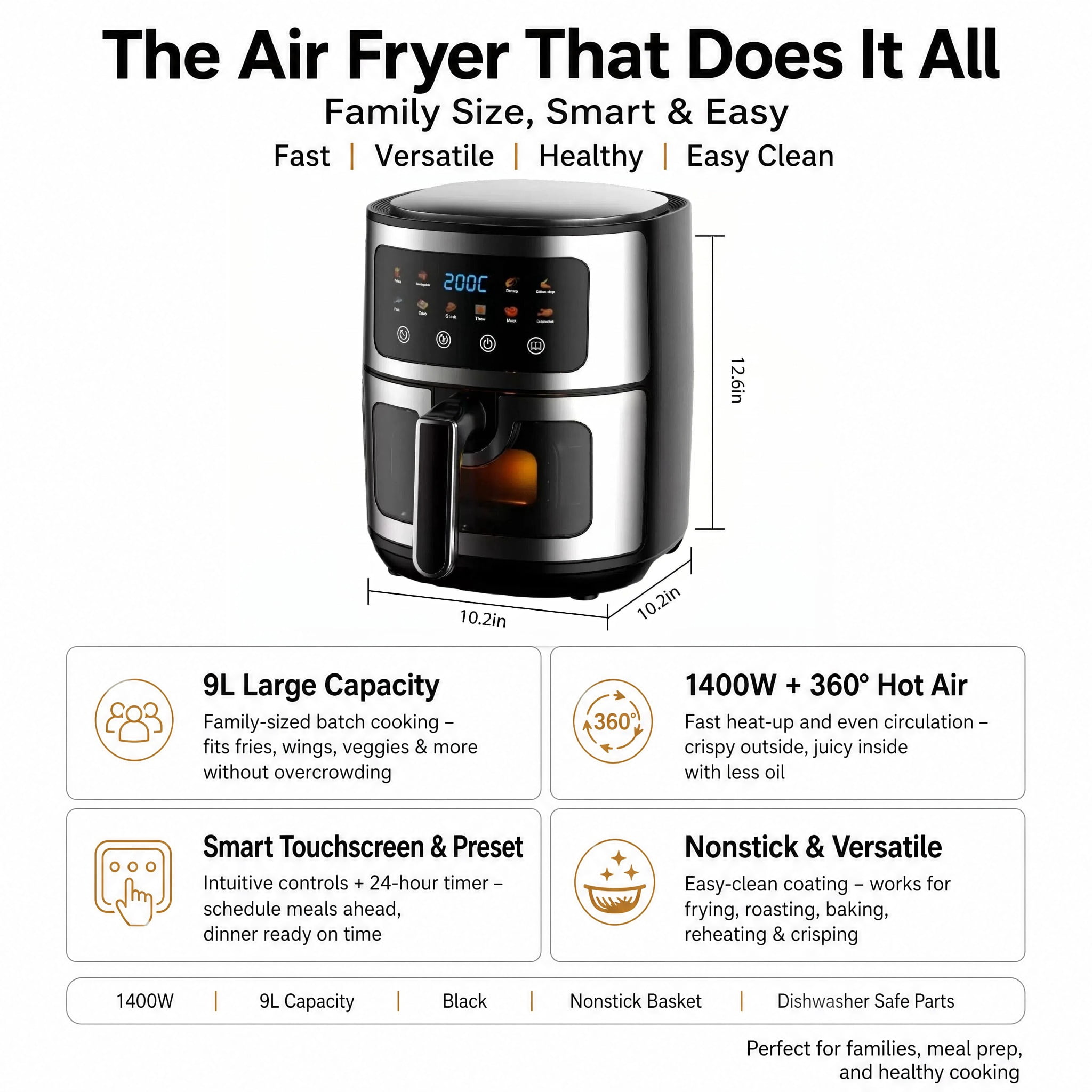 Asoricing Air Fryer, Compact Airfryer for Quick & Easy Meals in Minutes, Touchscreen Controls, Nonstick, 1500W, 9L, Black