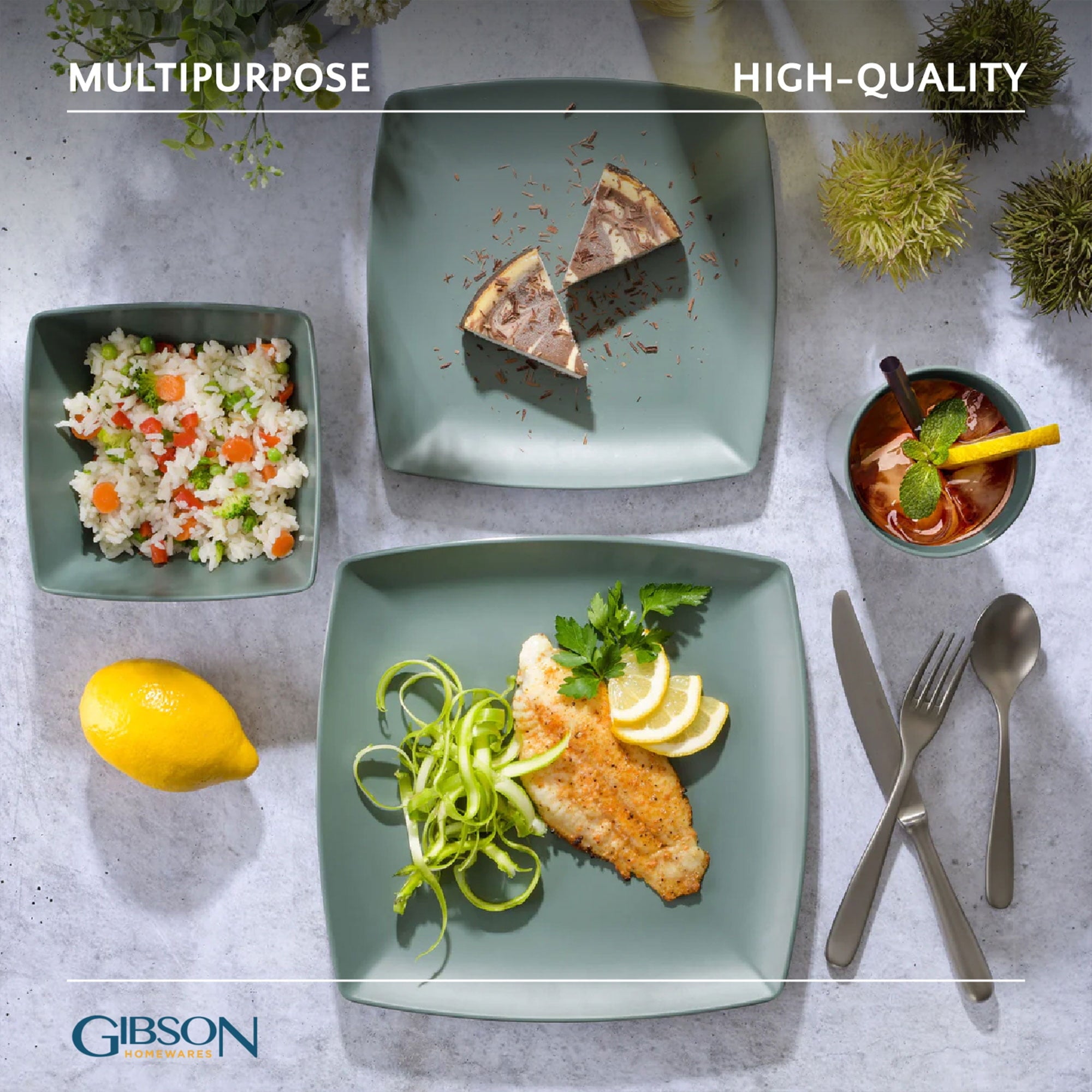 Gibson Home 16 Piece Square Melamine Dinnerware Set Plates, Bowls, & Cups, Grey