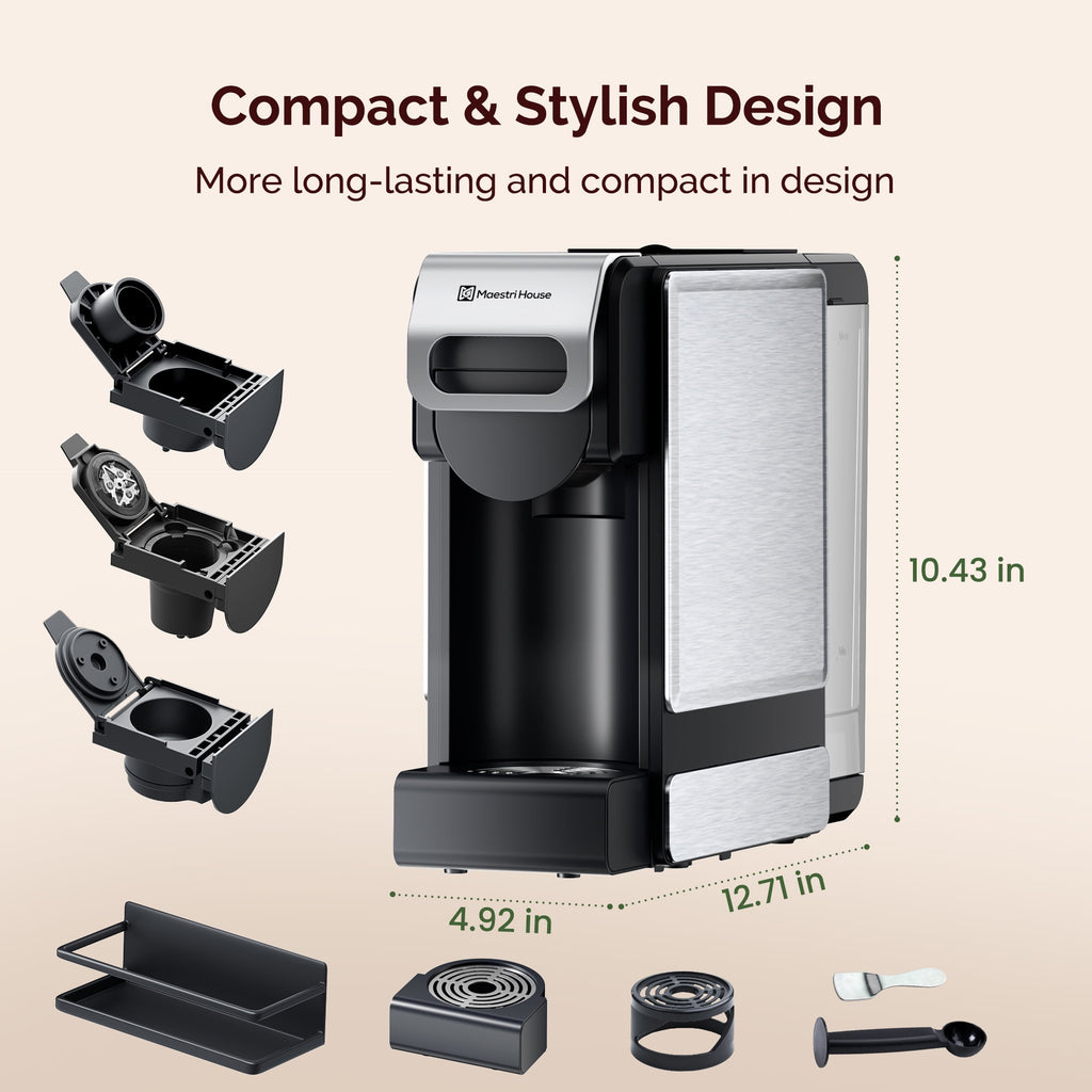 Coffee Maker 3-in-1 Single Serve Coffee Machine, for K-Cup Coffee Capsule Pod, Ground Coffee Powder Brewer, Stainless Steel Design, Sliver