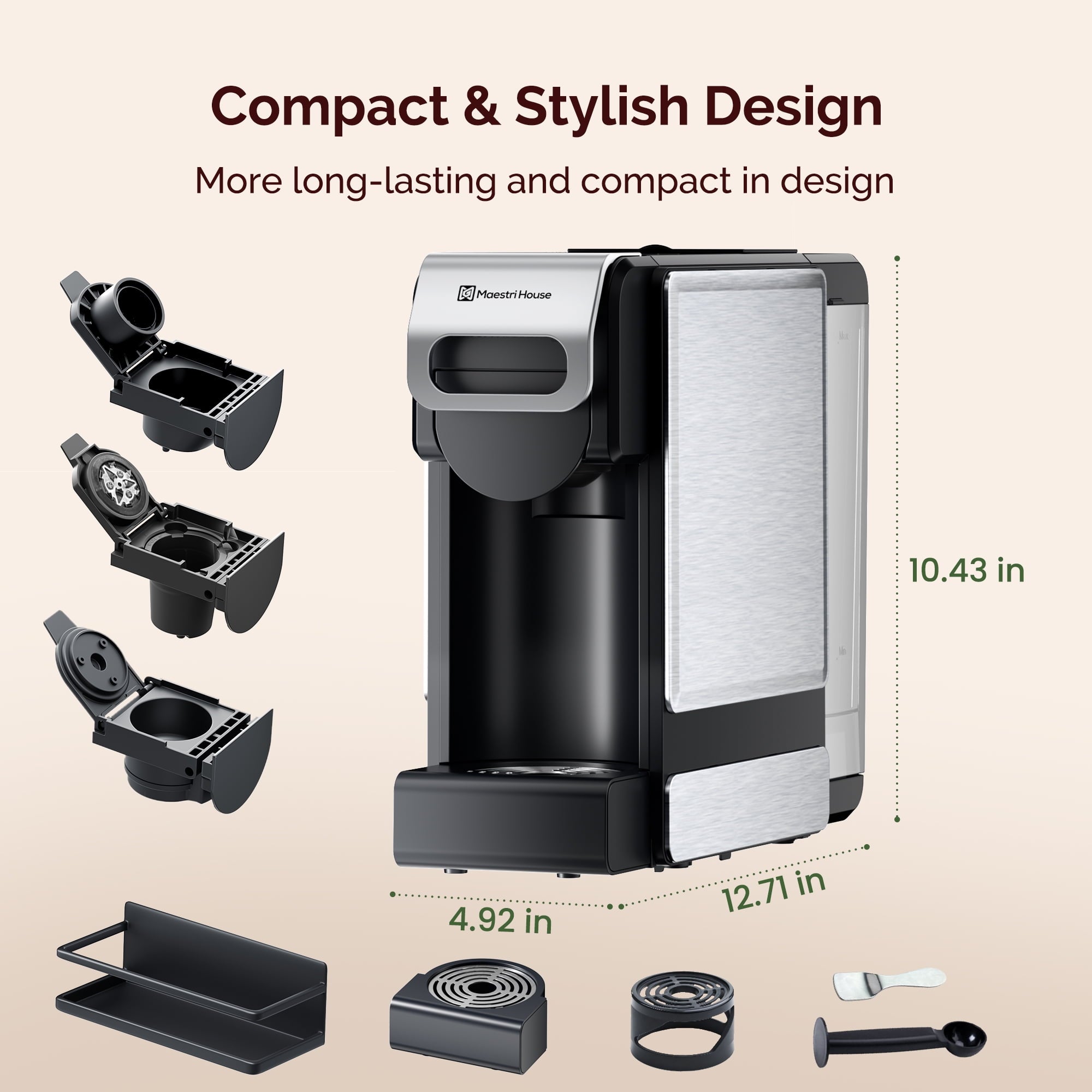 Coffee Maker 3-in-1 Single Serve Coffee Machine, for K-Cup Coffee Capsule Pod, Ground Coffee Powder Brewer, Stainless Steel Design, Sliver