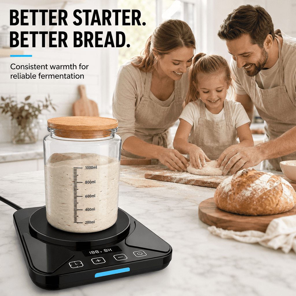 Sourdough Starter Warmer Mat - 24H Timer - Precise 1°F Thermostat Control (70-100°F) - Smart Memory Warming On/Off - Fits Jars Up to 40oz - Perfect for Home Baking (Black)