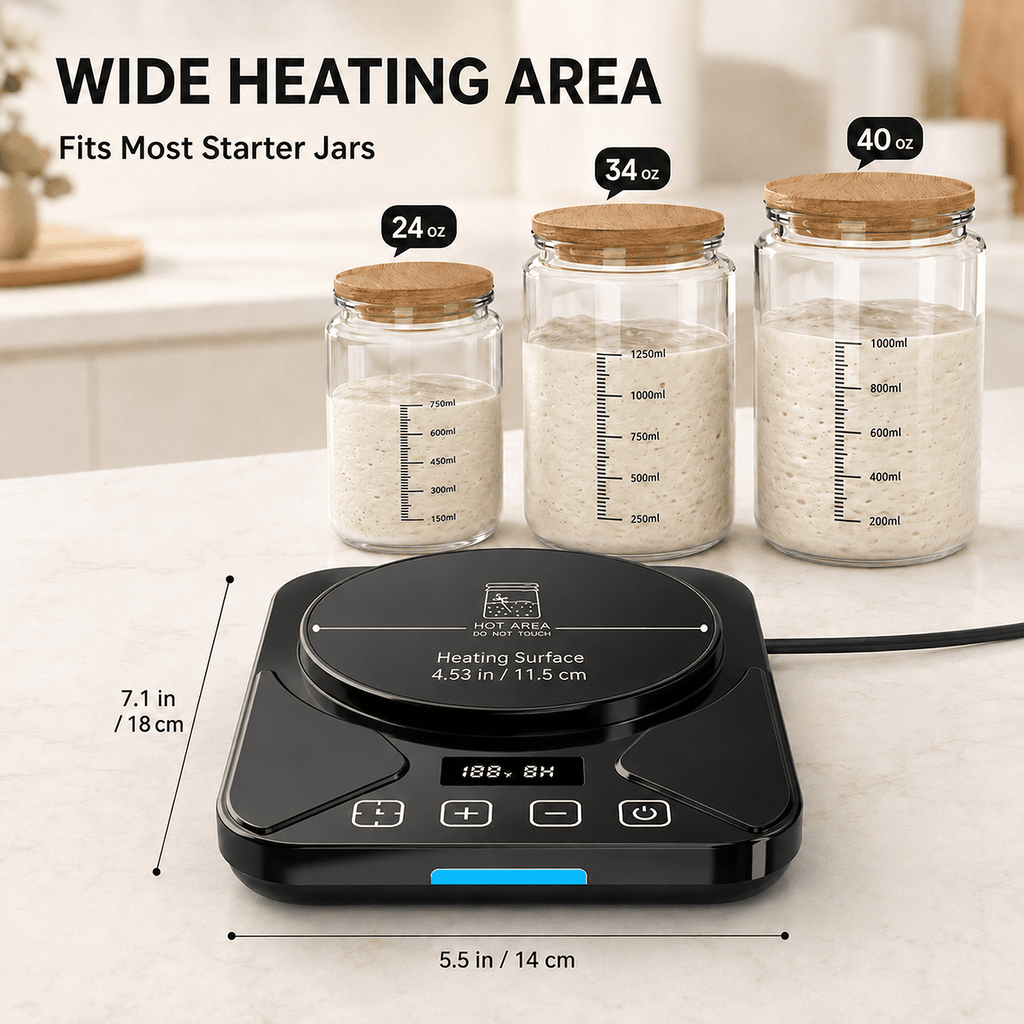 Sourdough Starter Warmer Mat - 24H Timer - Precise 1°F Thermostat Control (70-100°F) - Smart Memory Warming On/Off - Fits Jars Up to 40oz - Perfect for Home Baking (Black)