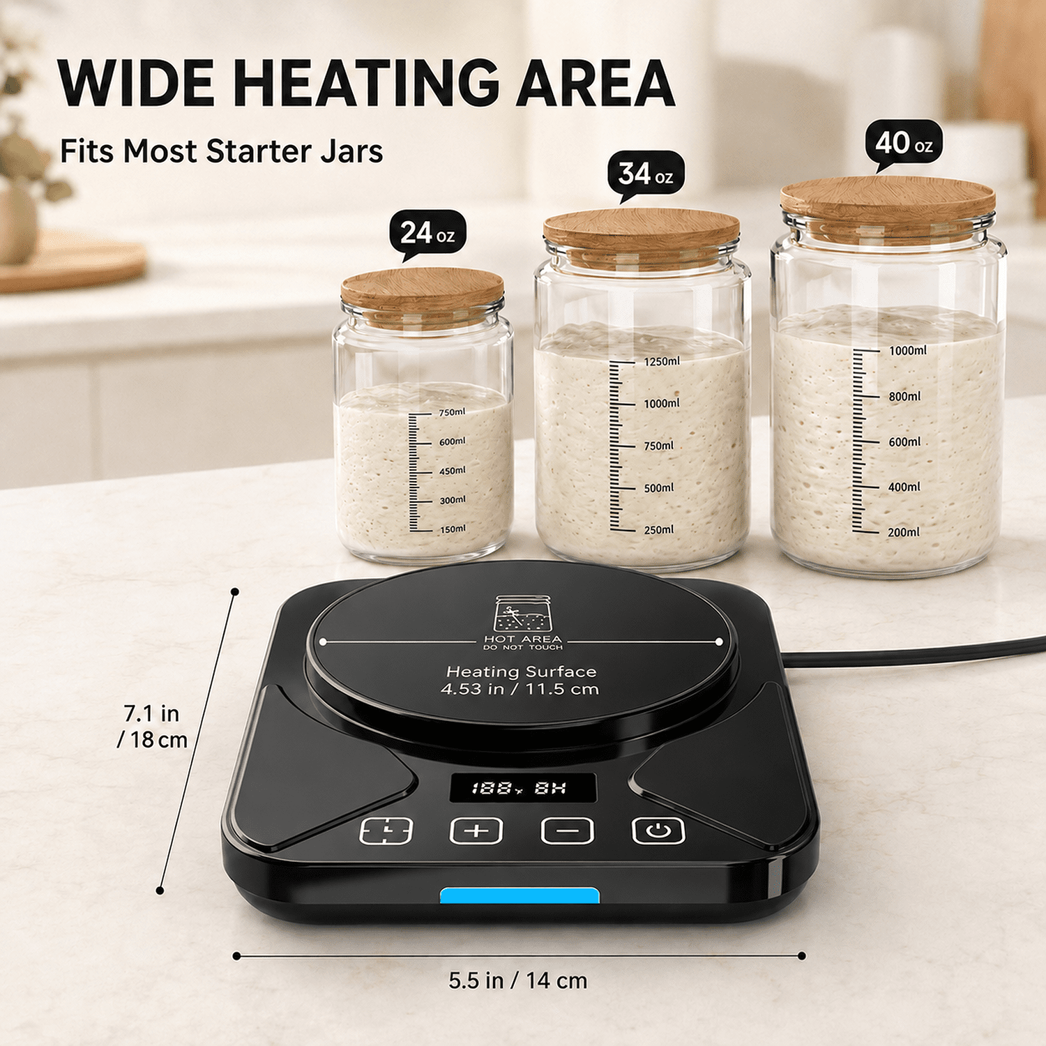 Sourdough Starter Warmer Mat - 24H Timer - Precise 1°F Thermostat Control (70-100°F) - Smart Memory Warming On/Off - Fits Jars Up to 40oz - Perfect for Home Baking (Black)