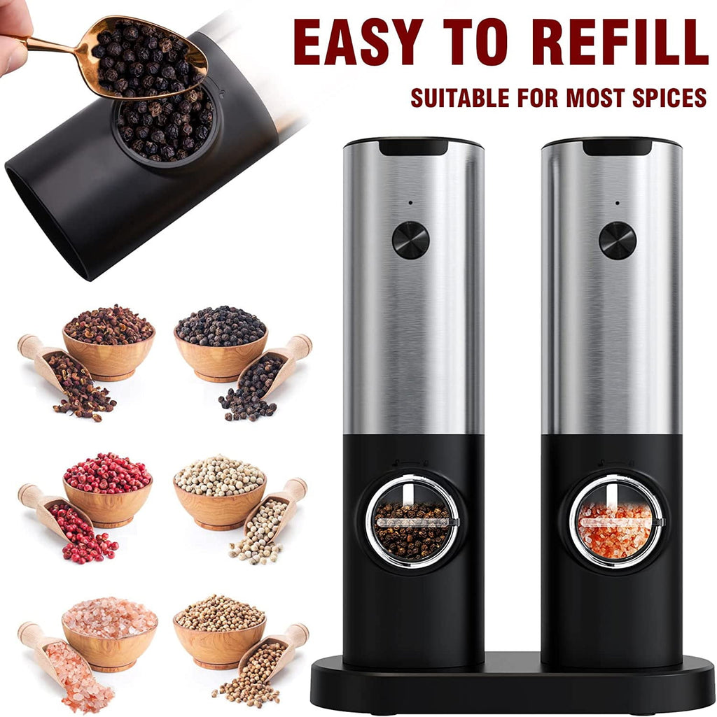 Electric Salt and Pepper Grinder Set, OGEDNAC Automatic Electronic Spice Mill Shakers with USB Rechargeable, LED Light, Adjustable Coarseness, One Hand Operated, Stainless Steel