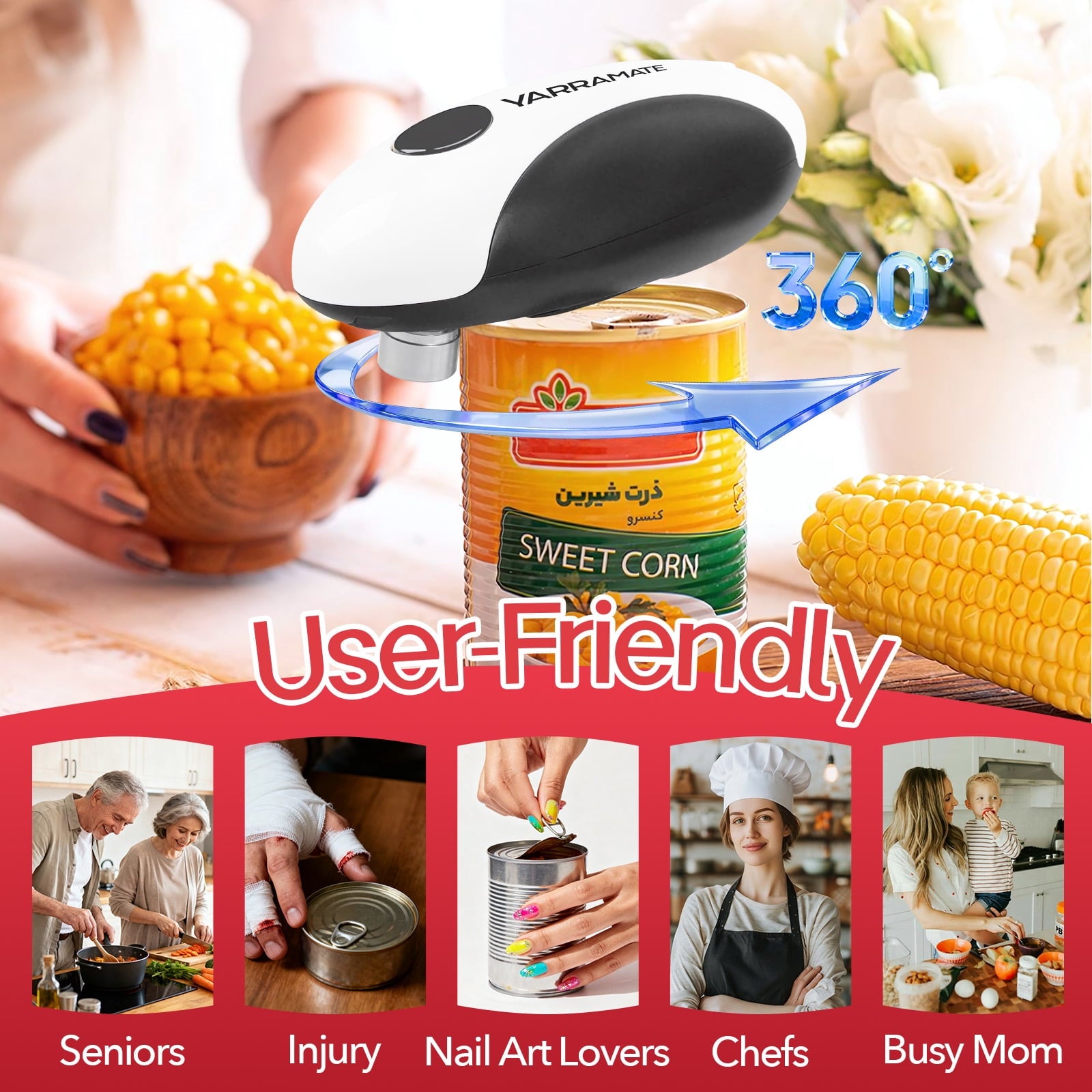 YARRAMATE Electric Can Opener, One-Touch Rechargeable Automatic Can Opener Fits All Cans Sizes-Smooth Edge for Kitchen with Storage Bag Portable for Travel