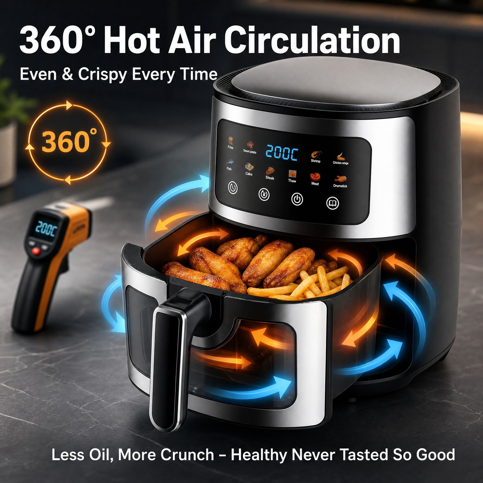 Asoricing Air Fryer, Compact Airfryer for Quick & Easy Meals in Minutes, Touchscreen Controls, Nonstick, 1500W, 9L, Black