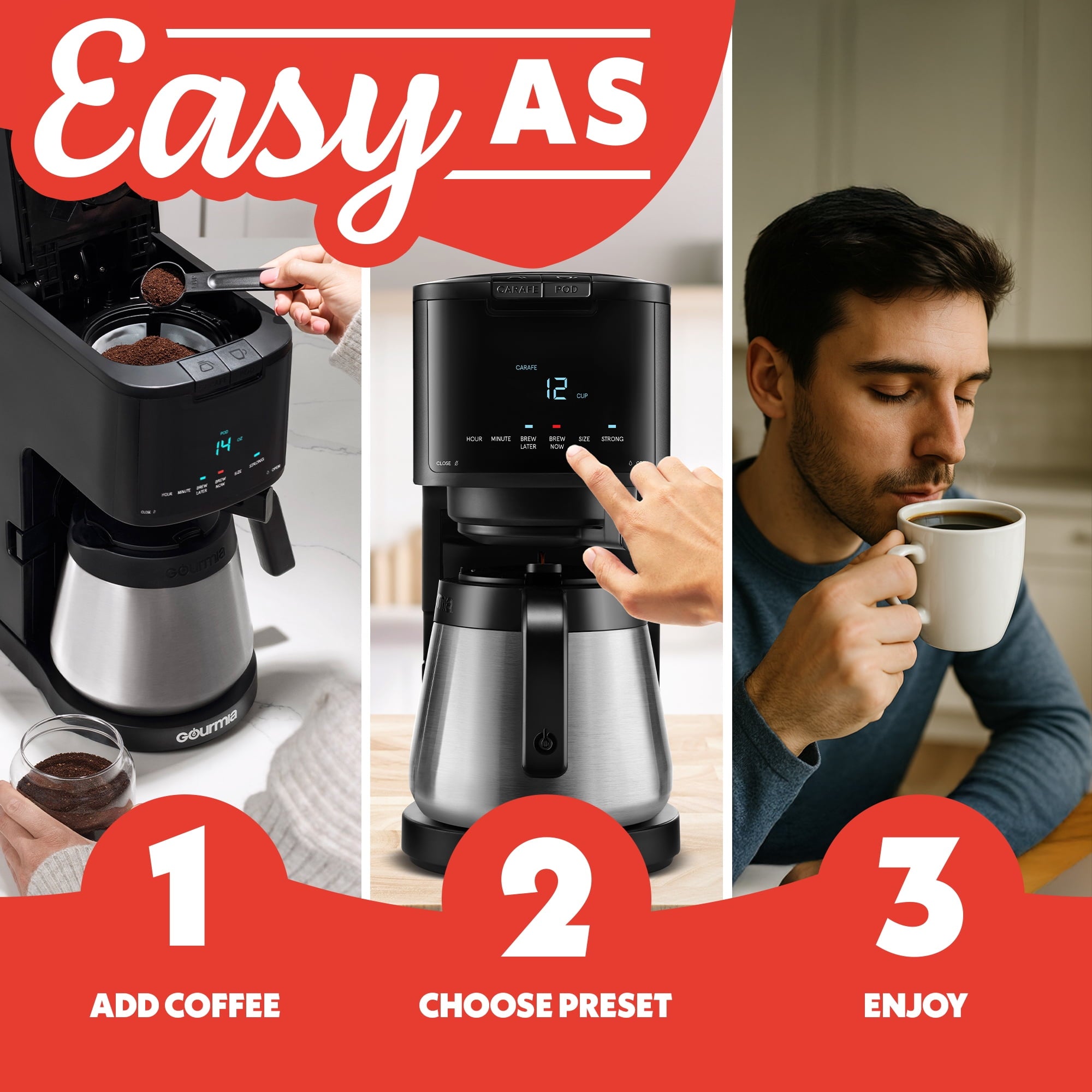 Gourmia 2-in-1 Coffee Maker, Single Serve Pod + 12 Cup Drip, K-Cup Compatible, Black